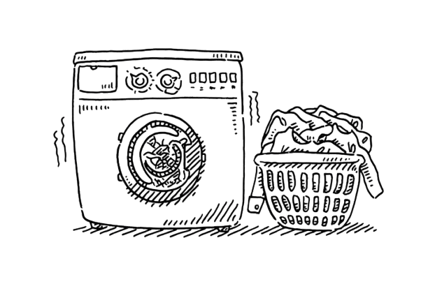 An illustration of a hamper of laundry next to a dryer